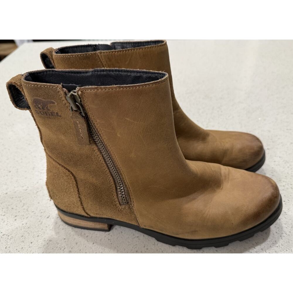 Sorel Emelie Zip Ankle Boots Women’s 9 Camel Brown Leather Waterproof Comfort